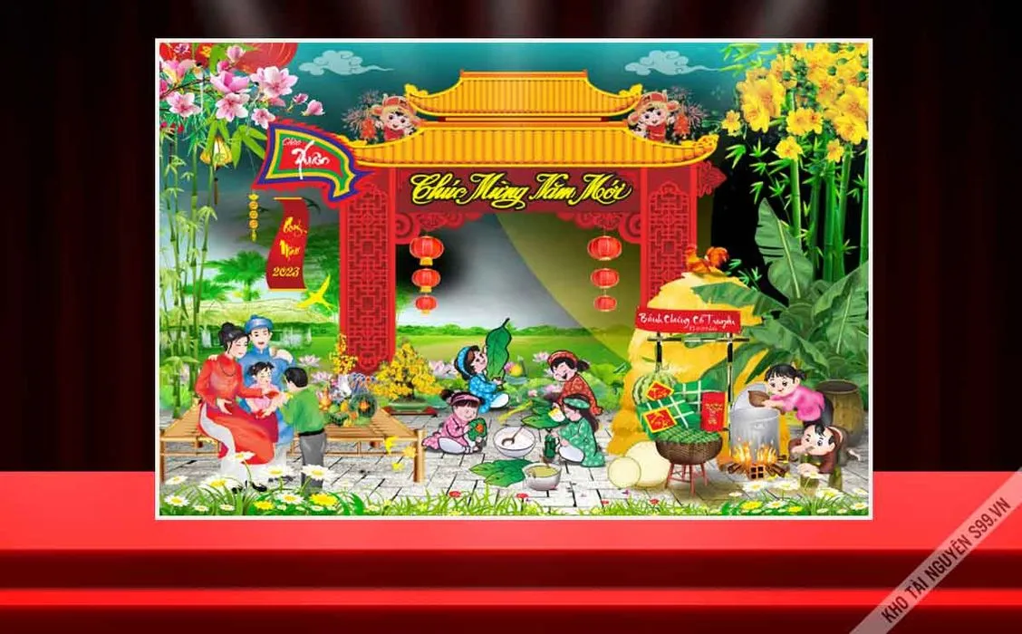 Chúc Mừng Xuân 2026 – Cảnh gói bánh chưng – Background Tết truyền thống - File corel
