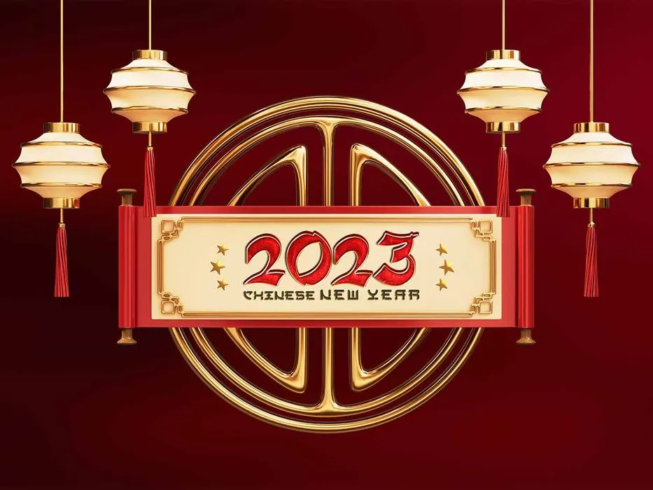 Thiệp chúc mừng năm mới 2023 phong cách Trung Hoa đèn lồng vàng File PSD