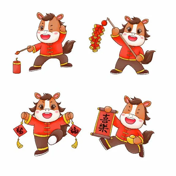 File PSD Bộ 4 chú ngựa mặc áo đỏ đốt pháo và cầm câu đối chúc tết