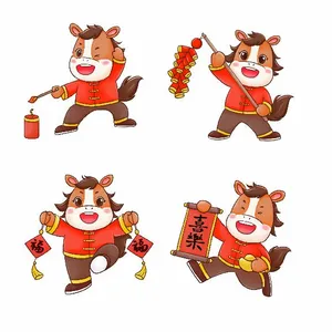 File PSD Bộ 4 chú ngựa mặc áo đỏ đốt pháo và cầm câu đối chúc tết