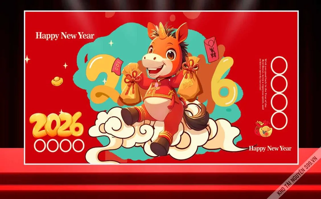 File Corel Tranh Tết 2026 Con Ngựa Hoạt Hình Cưỡi Mây Đón Xuân