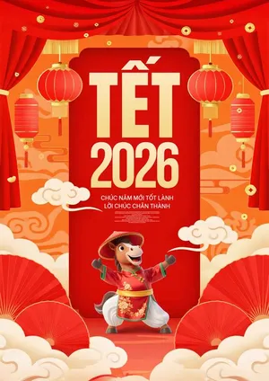 Poster chúc mừng năm mới 2026 ngựa đỏ đèn lồng vàng File PSD