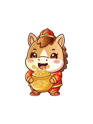 File EPS Chú ngựa hoạt hình tết ôm hũ vàng và ăn tiền xu may mắn.
