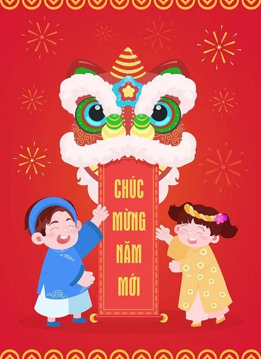 Poster Tết Cổ Truyền Vector: Sư Tử Và Trẻ Em - Chúc Mừng Năm Mới EPS