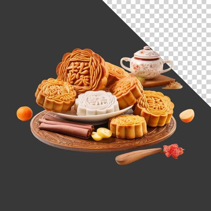 Mâm bánh trung thu đa dạng hương vị cùng ấm trà - File PNG