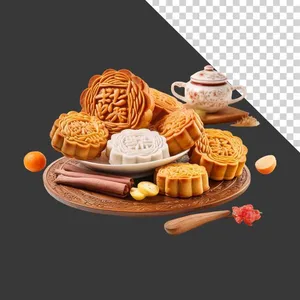 Mâm bánh trung thu đa dạng hương vị cùng ấm trà - File PNG