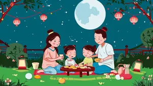 Gia đình vui vẻ thưởng thức bánh Trung thu ngoài trời – File vector AI