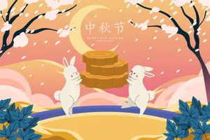Thỏ trắng đáng yêu bên trăng rằm, tay chạm bánh trung thu lớn. Hình minh họa định dạng Ai.