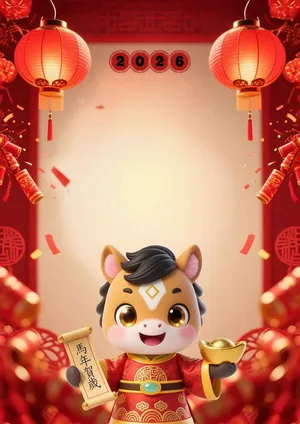 File PSD Nền Tết 2026 bé ngựa 3D cầm vàng pháo đỏ