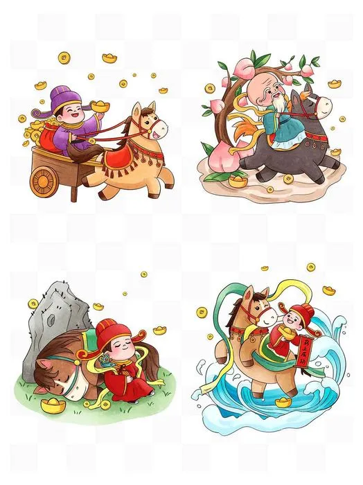 Tranh Tứ Quý Phúc Lộc Thọ cưỡi Ngựa Tài Lộc ngày Tết - File PSD