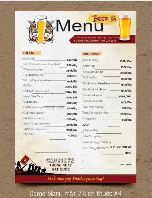 Menu Quán Nhậu Bia 86 - Thiết Kế Chuyên Nghiệp Dễ Chỉnh Sửa CDR