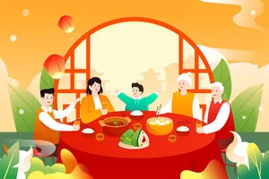 Gia đình đoàn viên quây quần bên mâm cơm truyền thống - File vector AI