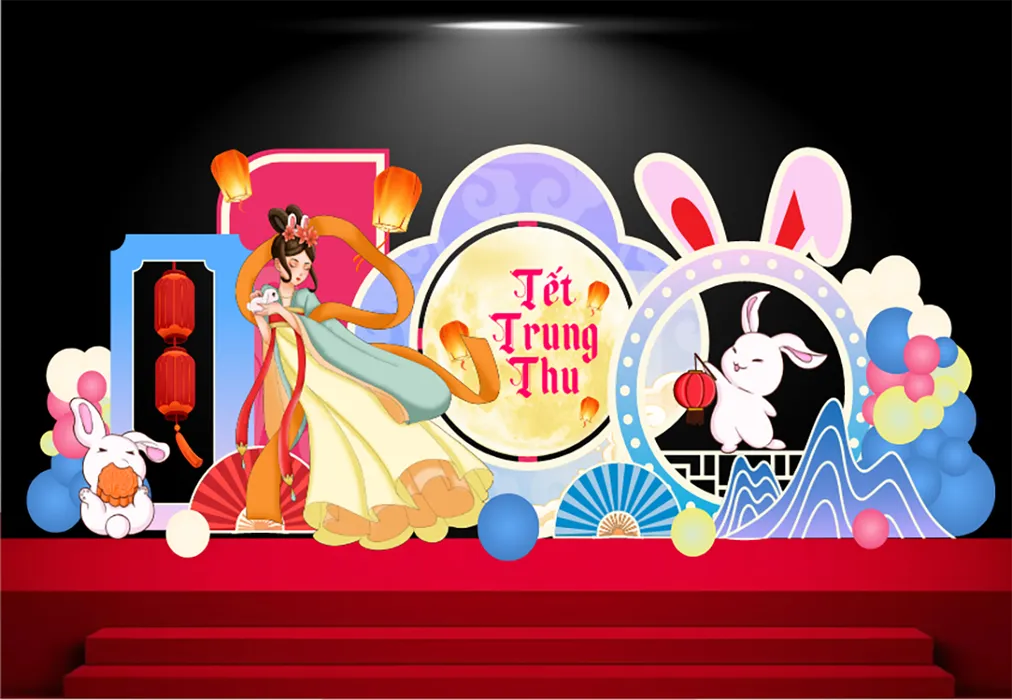 Sân khấu Tết Trung Thu có chị Hằng thỏ ngọc lồng đèn đỏ trang trí đẹp File Corel