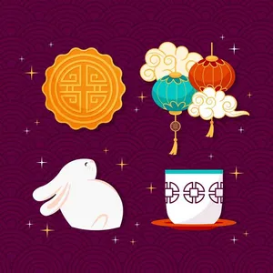 File vector Ai Trung Thu thỏ ngọc, bánh trung thu, đèn lồng và chén trà trên nền tím.