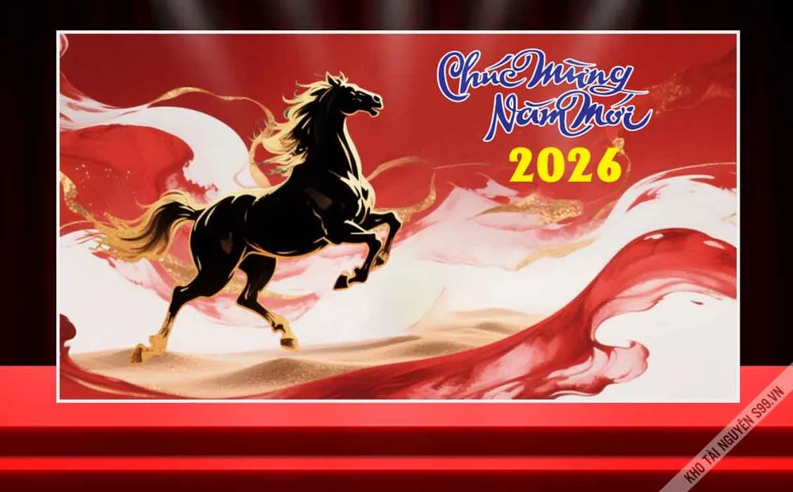 Chúc mừng năm mới 2026 ngựa đen nền lụa đỏ đẹp mắt - File corel