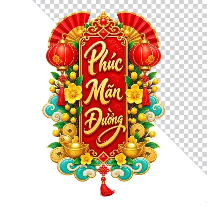 File PNG - Liễn Phúc Mãn Đường lồng đèn hoa mai thỏi vàng