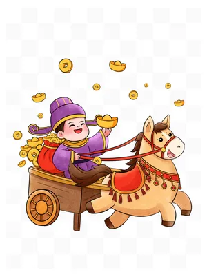 File PSD Cậu bé Thần Tài kéo xe ngựa vàng Tết