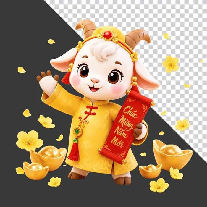 File PNG - Dê chibi 3D vẫy tay chào và cầm câu đối đỏ ngày Tết