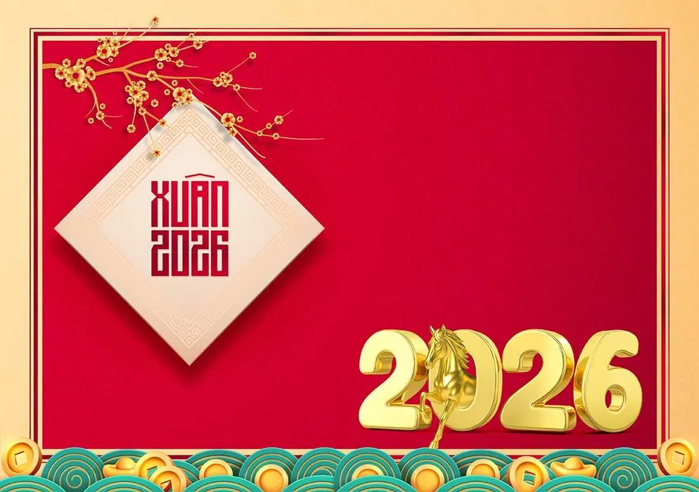 Backdrop Tết Xuân 2026 nền đỏ vàng ngựa vàng File PSD