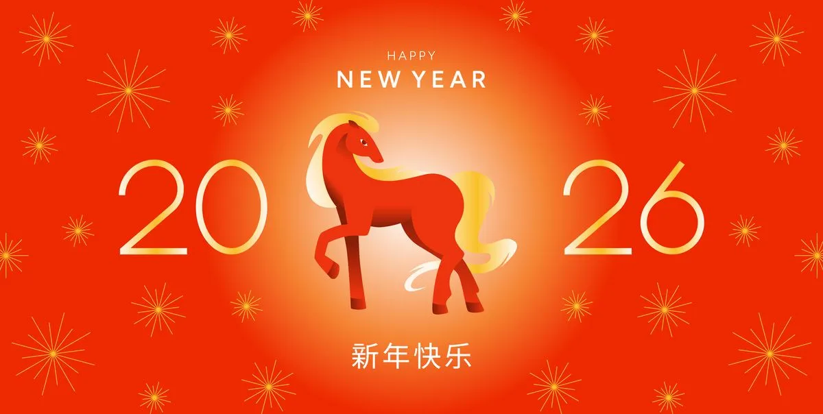 File Ai ngựa đỏ 2026 Happy New Year nền pháo hoa.