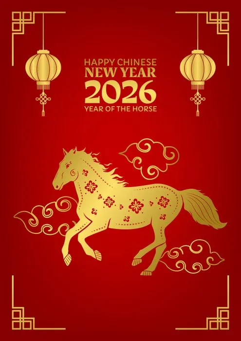 File Ai bộ thiệp Happy Chinese New Year 2026 với ngựa vàng và họa tiết truyền thống