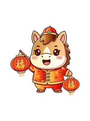 File EPS Chú ngựa hoạt hình tết cầm đèn lồng chữ Phúc.