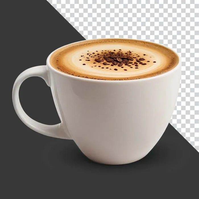Ly cà phê cappuccino nóng trang trí hạt cà phê.png