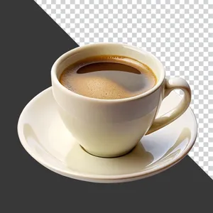File PNG Ly cà phê đen nóng bốc khói trên đĩa trắng