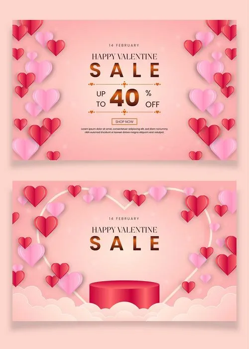 Banner Valentine giảm giá trái tim hồng đỏ File EPS