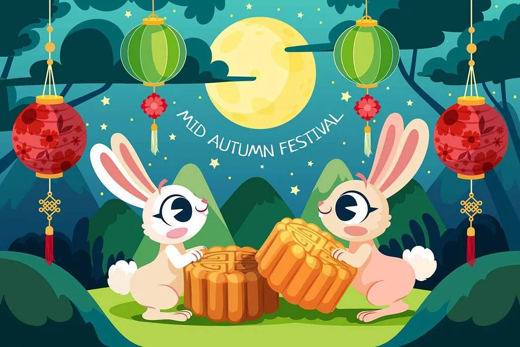 Hai chú thỏ cùng chia bánh trung thu dưới trăng rằm.
