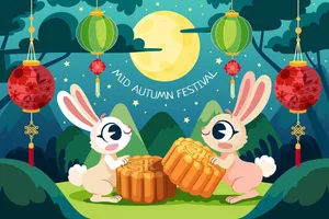 Hai chú thỏ cùng chia bánh trung thu dưới trăng rằm.
