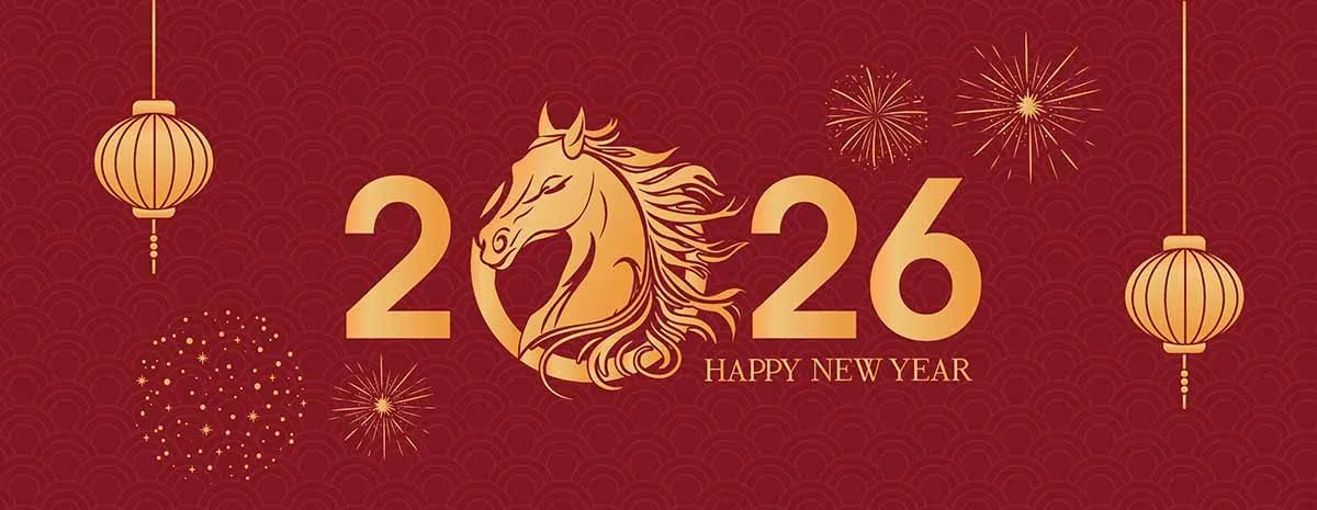 Background Tết 2026 đầu ngựa vàng pháo hoa và lồng đèn đỏ