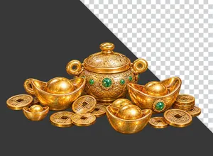 Bộ Hũ Vàng Thỏi Vàng Và Tiền Xu Phong Thủy PNG Không Nền