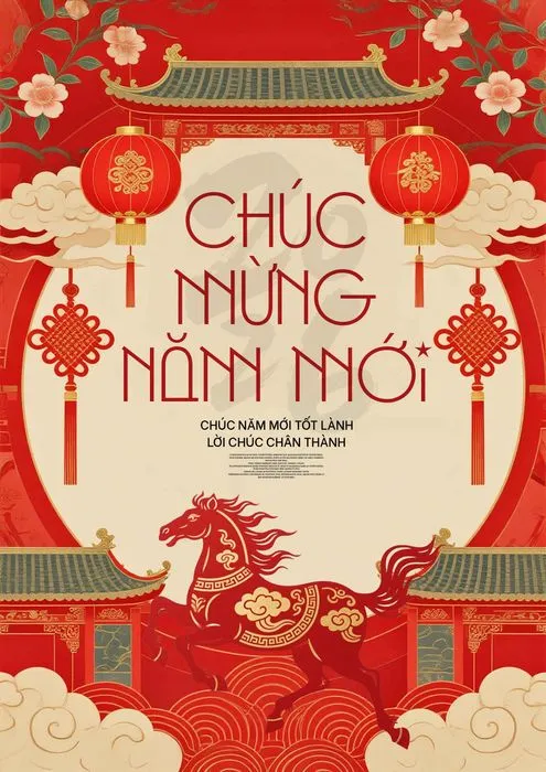 File PSD Thiết kế Tết 2026 ngựa đỏ cổng đình chúc mừng năm mới.