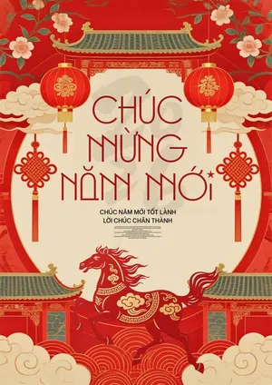 File PSD Thiết kế Tết 2026 ngựa đỏ cổng đình chúc mừng năm mới.