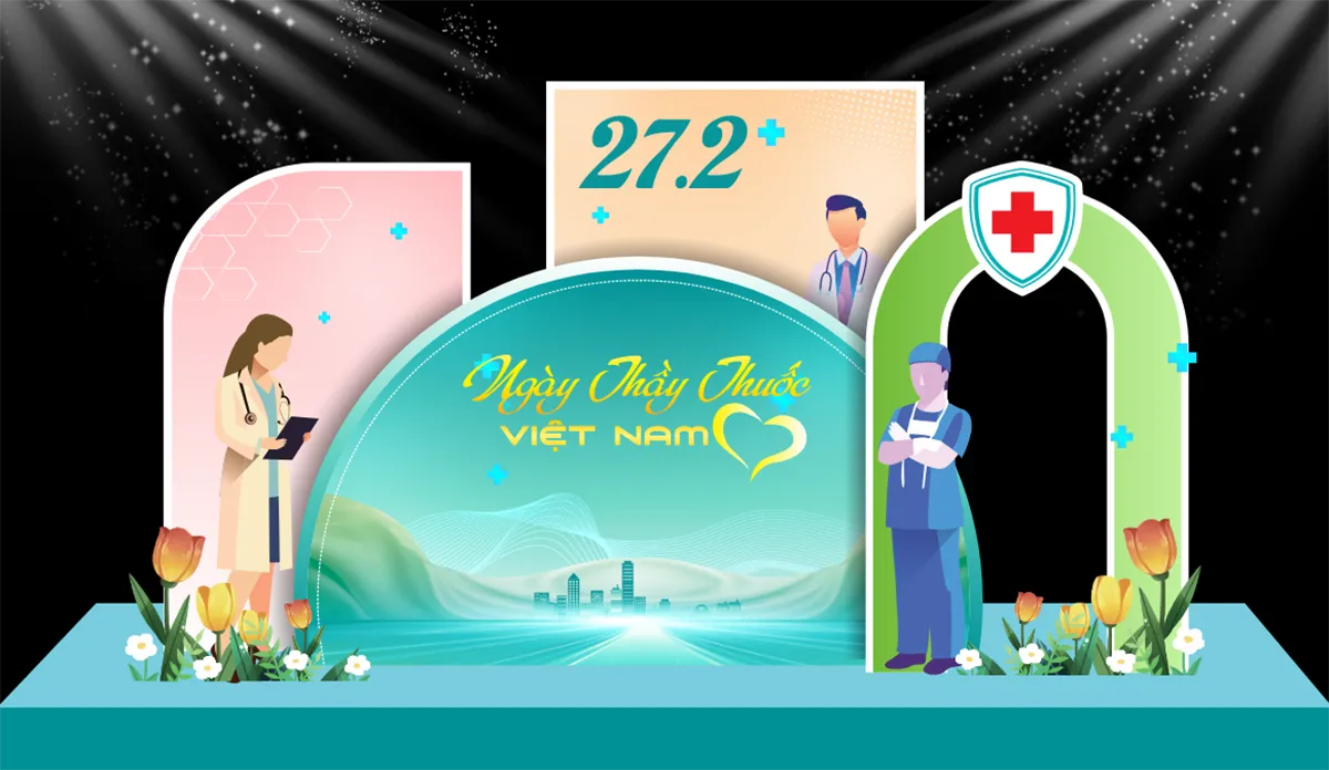 Phông nền chúc mừng ngày Thầy Thuốc Việt Nam 27-2 màu xanh y tế File Corel