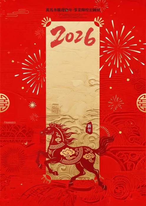 Thiết kế Tết 2026 ngựa chạy nền đỏ pháo hoa vàng File PSD