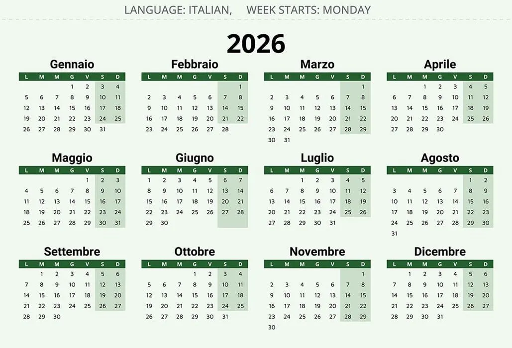 Lịch năm 2026 vector tiếng Ý xanh lá, trình bày rõ ràng theo tuần