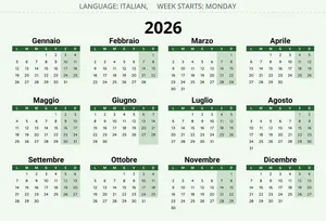 Lịch năm 2026 vector tiếng Ý xanh lá, trình bày rõ ràng theo tuần