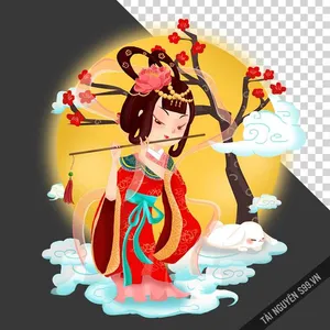 Chị Hằng PNG áo đỏ thổi sáo dưới trăng – Hình minh họa Trung Thu