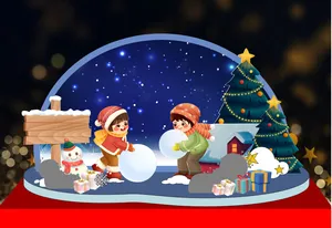 File Corel Backdrop Quả Cầu Tuyết Hai Em Bé Chơi Đùa