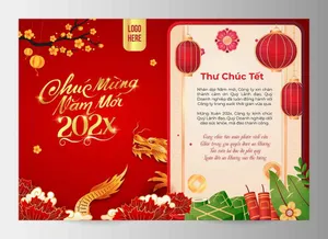 Thư Chúc Tết 2026 Đỏ Vàng Trang Trí Đèn Lồng