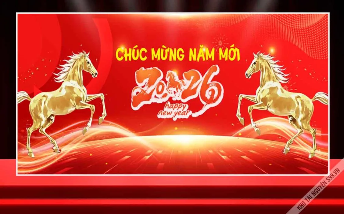 File corel Chúc mừng năm mới 2026 hai ngựa vàng nền đỏ