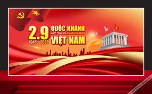 Backdrop Quốc Khánh 2 tháng 9 nền đỏ hình ảnh Lăng Bác và cờ Việt Nam hào hùng file corel