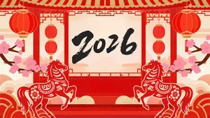  Tết 2026 hai ngựa đỏ sân đình đèn lồng hoa đào File PSD