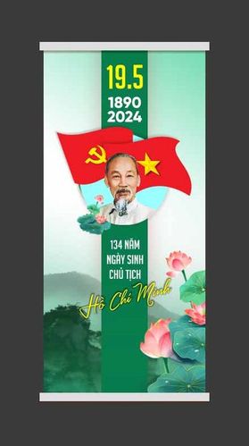 Phướn khổ dọc mừng ngày sinh chủ tịch Hồ Chí Minh nền xanh kèm hình ảnh Bác Hồ - File corel