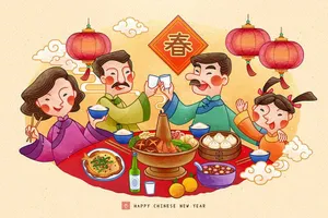 File vector AI tranh vẽ gia đình nâng ly chúc mừng năm mới vui tươi