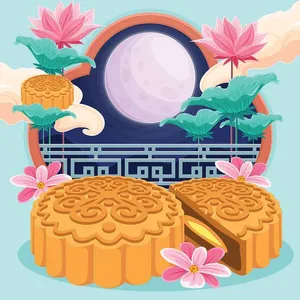 Bánh trung thu vàng truyền thống cùng hoa sen hồng trước khung trăng tròn sáng tỏ File vector Ai