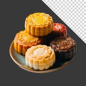 Bánh trung thu nhiều hương vị màu sắc đẹp mắt trên đĩa sứ – File PNG không nền