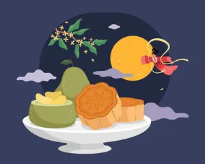 Đĩa bánh trung thu cùng bưởi xanh đặt dưới ánh trăng tròn.